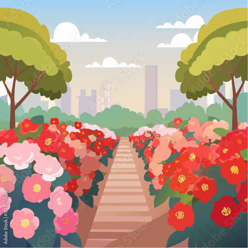 Beautiful begonia flowers growing in an outdoor rural garden - 2D vector background scene