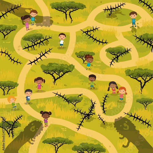 Children in safari adventure with narrow paths, exotic trees, and animal shadows. Safari adventure with children's imagination creates magical moments and excitement.