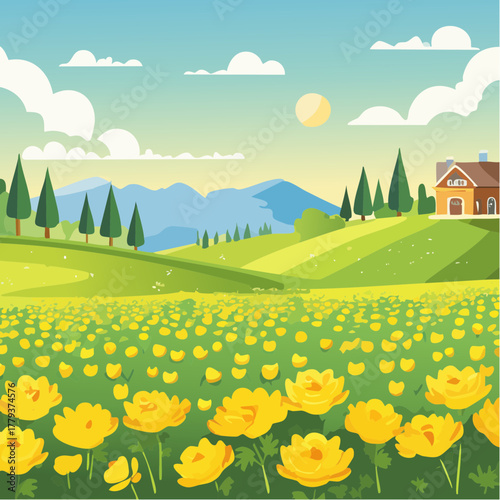 Beautiful buttercup flowers growing in an outdoor rural garden - 2D vector background scene