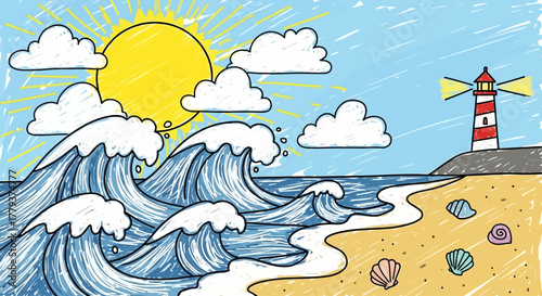 Colorful hand-drawn illustration of a bright beach day with majestic ocean waves, a charming lighthouse, fluffy clouds, and scattered seashells on the sandy shore