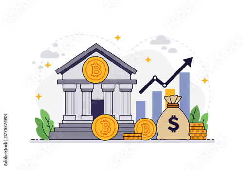 Illustration of a bank building with Bitcoin symbols and a money bag, representing financial growth.