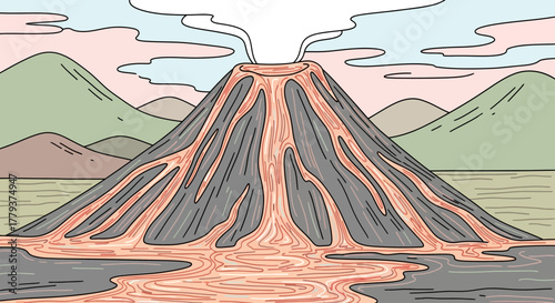 Illustration depicts a volcanic eruption with flowing lava, smoke, and distant mountains under a colorful sky.