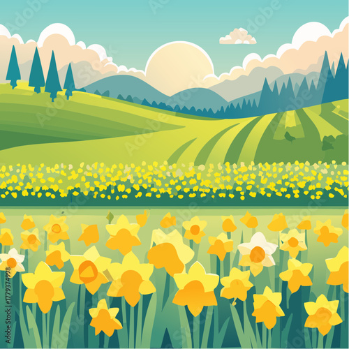 Beautiful daffodil flowers growing in an outdoor rural garden - 2D vector background scene