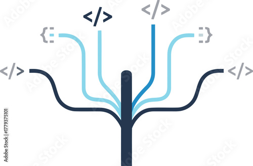 Abstract visualization of code branching, merging, and software development.