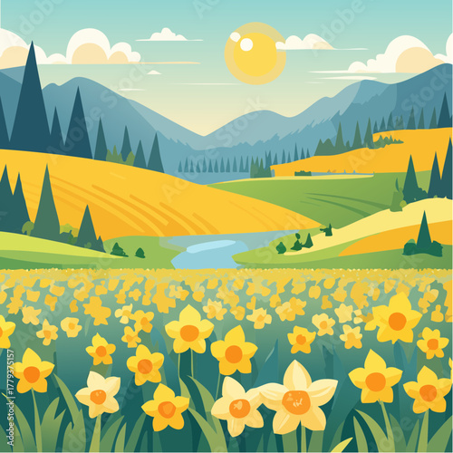 Beautiful daffodil flowers growing in an outdoor rural garden - 2D vector background scene