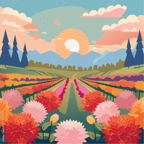 Beautiful dahlia flowers growing in an outdoor rural garden - 2D vector background scene