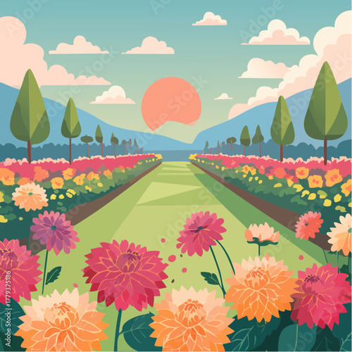 Beautiful dahlia flowers growing in an outdoor rural garden - 2D vector background scene