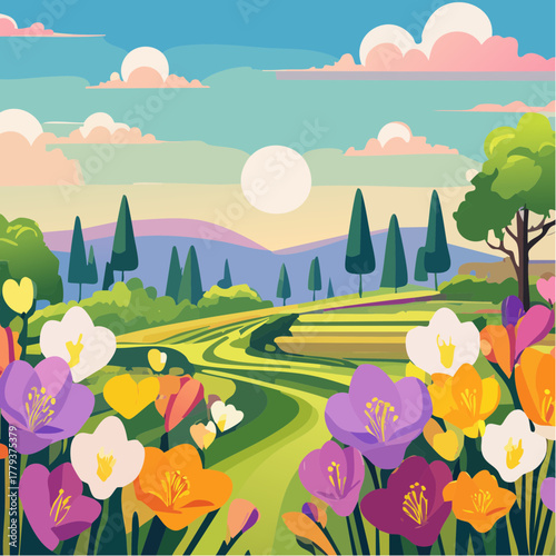 Beautiful freesia flowers growing in an outdoor rural garden - 2D vector background scene