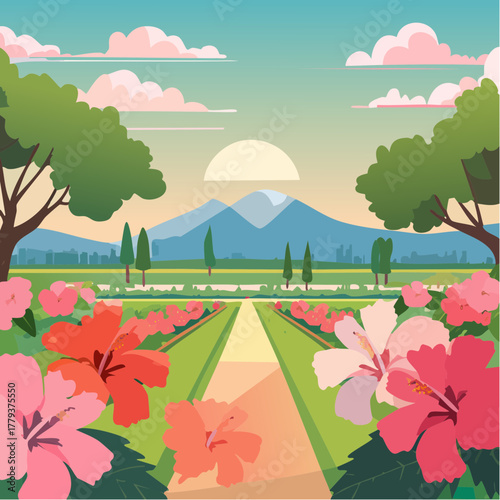 Beautiful hibiscus flowers growing in an outdoor rural garden - 2D vector background scene