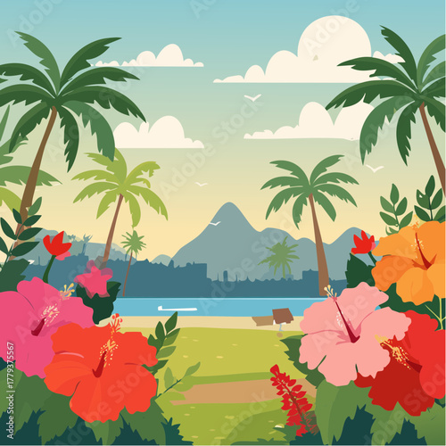 Beautiful hibiscus flowers growing in an outdoor rural garden - 2D vector background scene