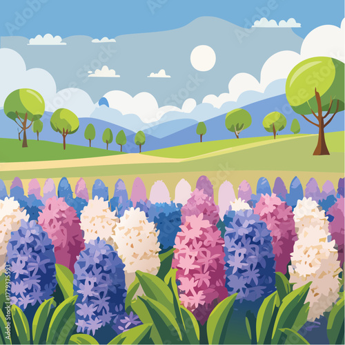 Beautiful hyacinth flowers growing in an outdoor rural garden - 2D vector background scene