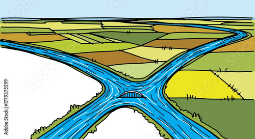 Illustration of two rivers merging into one, with a bridge spanning the confluence, set against a backdrop of fields and a clear sky.