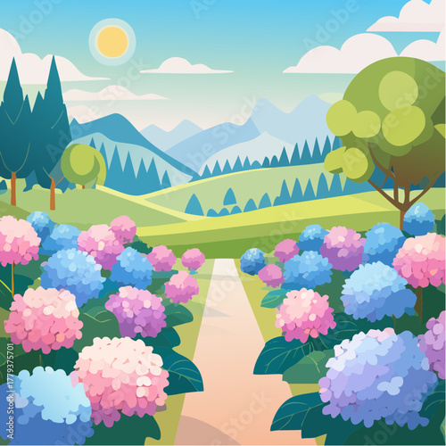 Beautiful hydrangea flowers growing in an outdoor rural garden - 2D vector background scene