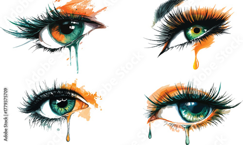 illustration of an eye with green and orange eyelashes, a single tear is dripping from the bottom corner of the right eye white backround