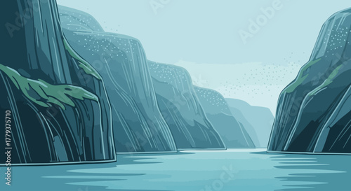 An illustrated view of a calm river or fjord flowing between steep, misty cliffs in a serene, blue-toned landscape.