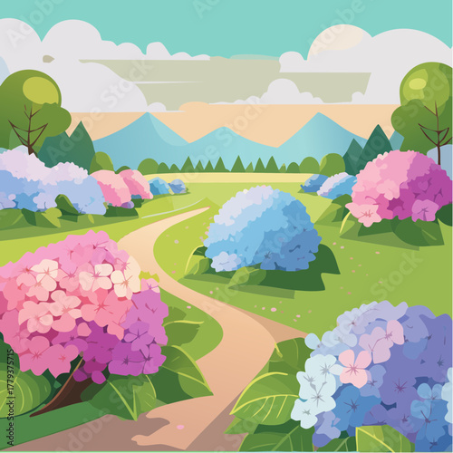 Beautiful hydrangea flowers growing in an outdoor rural garden - 2D vector background scene