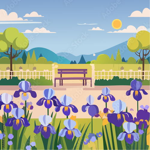 Beautiful iris flowers growing in an outdoor rural garden - 2D vector background scene