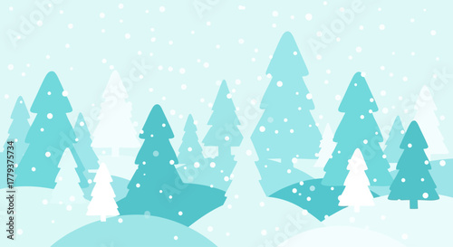 A stylized animated winter landscape with falling snow over a serene forest of evergreen trees.