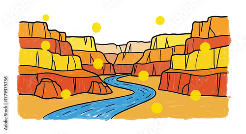 A vibrant, stylized illustration depicts a winding blue river flowing through a colorful canyon with layered rock formations in shades of orange, yellow, and...