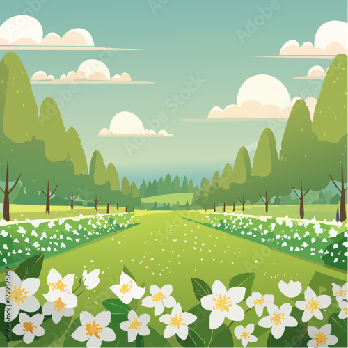 Beautiful jasmine flowers growing in an outdoor rural garden - 2D vector background scene