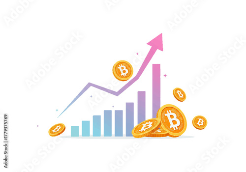 Bitcoin price increase illustration with coins and upward trend line.