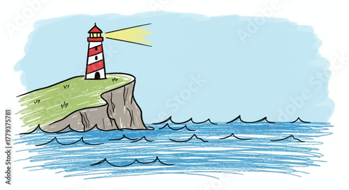 A red and white striped lighthouse stands tall on a grassy cliff overlooking a blue ocean with gentle waves under a light blue sky.