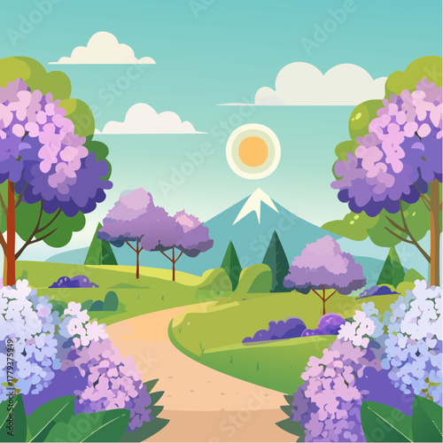 Beautiful lilac flowers growing in an outdoor rural garden - 2D vector background scene