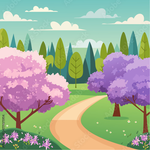 Beautiful lilac flowers growing in an outdoor rural garden - 2D vector background scene