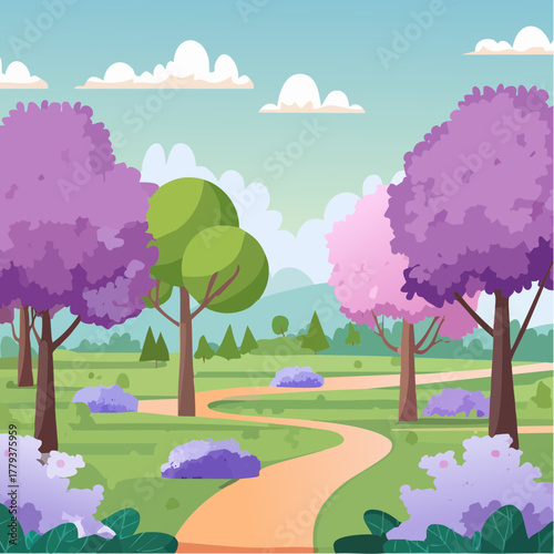 Beautiful lilac flowers growing in an outdoor rural garden - 2D vector background scene