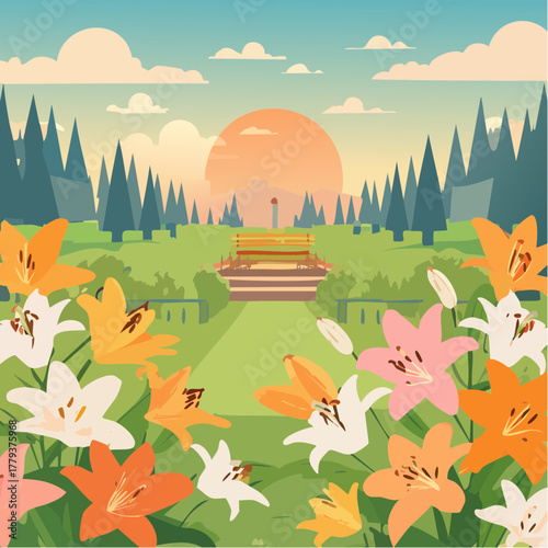 Beautiful lill flowers growing in an outdoor rural garden - 2D vector background scene