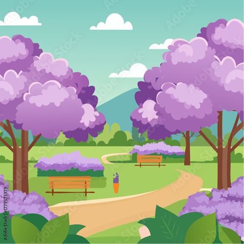 Beautiful lilac flowers growing in an outdoor rural garden - 2D vector background scene