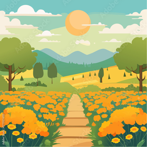 Beautiful marigold flowers growing in an outdoor rural garden - 2D vector background scene