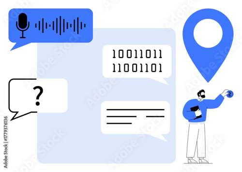 Speech bubble with waveform, dialogue boxes, digital binary code, geolocation pin, and person interacting. Ideal for communication, technology, data sharing, geolocation language AI digital tools
