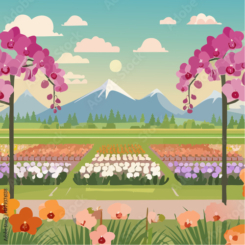 Beautiful orchid flowers growing in an outdoor rural garden - 2D vector background scene