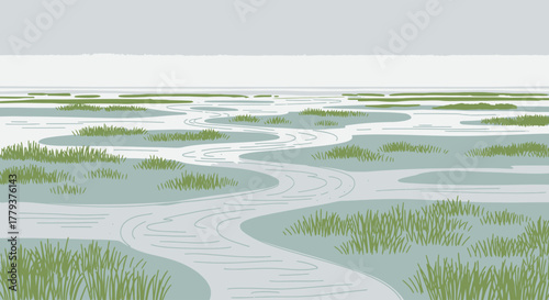 A colorful drawing of a red barn on a hill surrounded by rolling patchwork fields and trees.