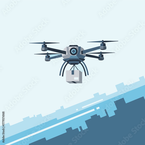 A modern drone delivering a package over a city skyline, illustrating future logistics and automated services.