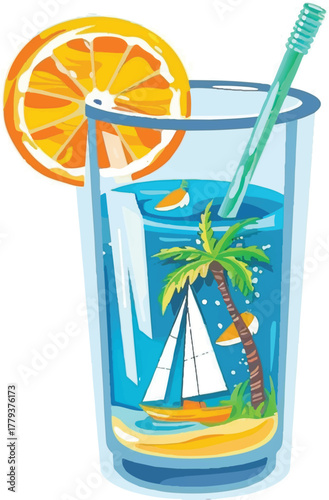 isometric cocktail with a beach and palm tree, vector illustration, flat design, white background, simple shapes, no gradients or shadows