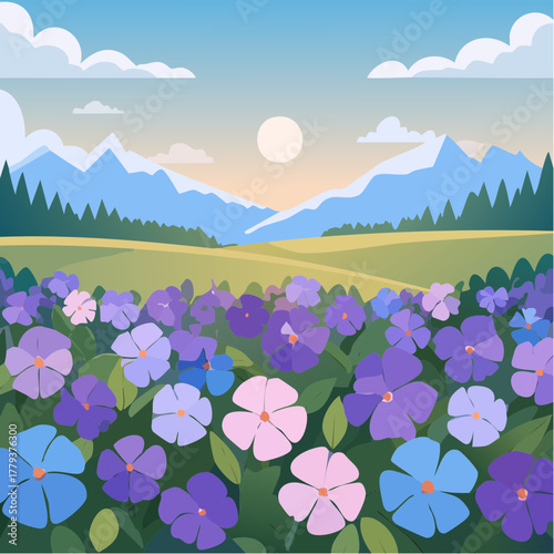Beautiful periwinkle flowers growing in an outdoor rural garden - 2D vector background scene