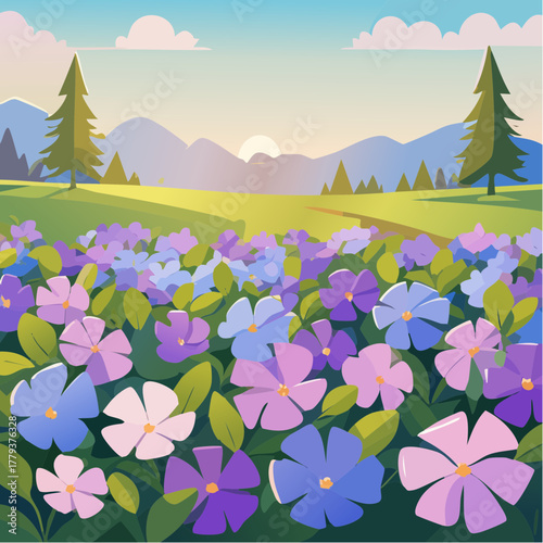 Beautiful periwinkle flowers growing in an outdoor rural garden - 2D vector background scene