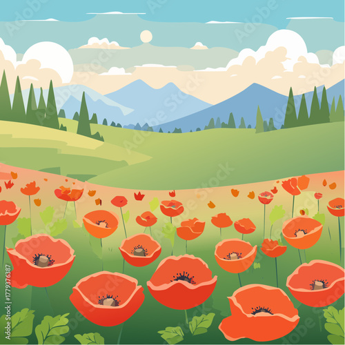Beautiful poppy flowers growing in an outdoor rural garden - 2D vector background scene