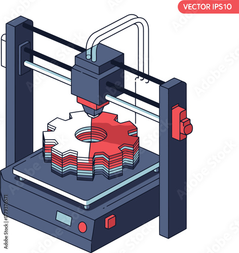 Isometric illustration of a 3D printer creating a multi-layered gear, showcasing additive manufacturing technology.