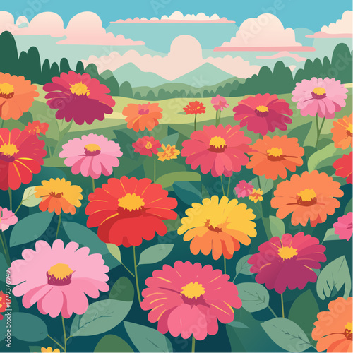 Beautiful zinnia flowers growing in an outdoor rural garden - 2D vector background scene