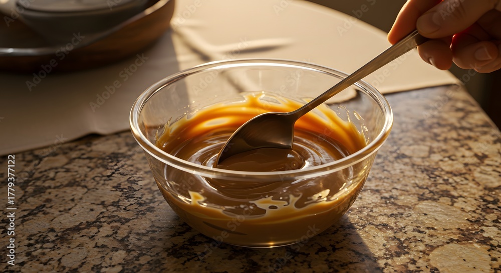 Fototapeta premium Dulce de leche in motion — spoon stirring slowly on granite with cozy morning tones.