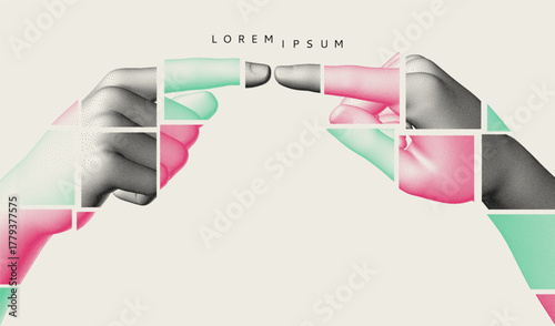 The index fingers of both hands reach towards each other. Concept of relationship, unity, partnership or contact. The hands are composed of displaced mosaic fragments. Vector for design.