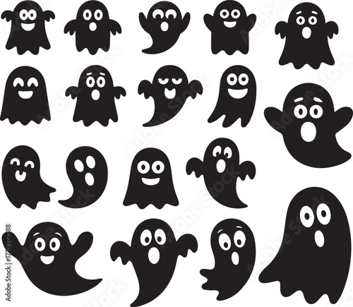 Halloween Ghost Icons Set - Cute Cartoon Spirits with Various Funny Faces