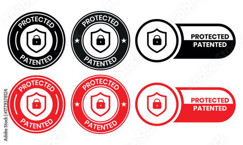 Patented Protected, Technology, Intellectual Property, Patent Applied logo, badge, icon, sticker, label, emblem, stamp, symbol, black, line circle, flat vector, isolated illustration.