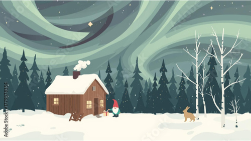 Cozy cabin under the aurora borealis with a gnome and rabbit