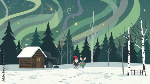 Charming winter scene with gnome and mouse under the northern lights