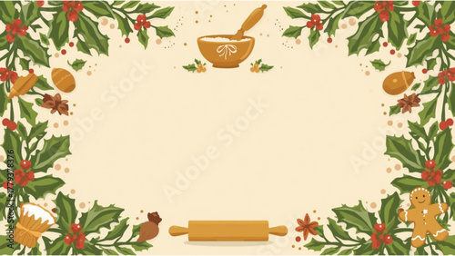 Christmas baking ingredients and decorations border with copy space