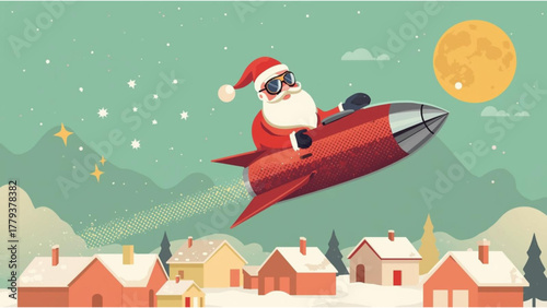 Santa claus flying in a rocket over a snowy village